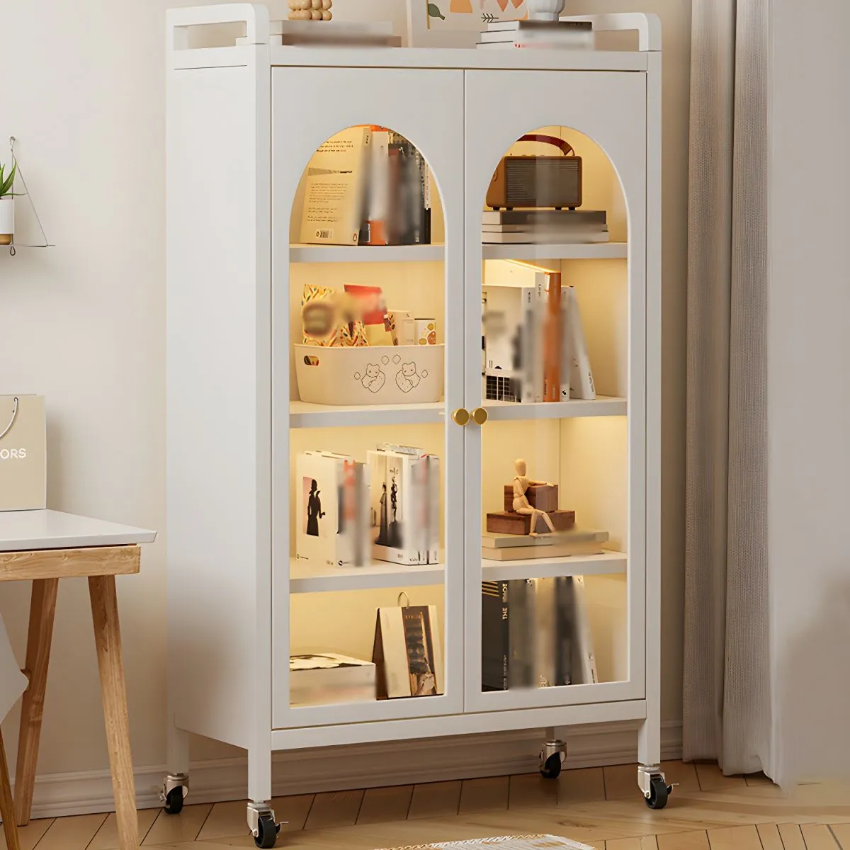 Modern Glass Door Storage Cabinet with Wheels – Multipurpose Organizer for Home & Office